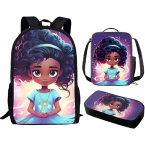 Black African Backpack for Girls with Lunch Box Afro Black Kids Bookbag Primary Elementary School Bag and Lunchbox Pencil Case Preppy Magic American Book Bag