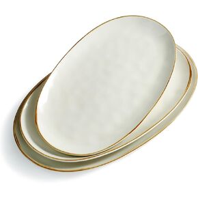 famiware Serving Platter, Oval 15.59/14.3/12.9 inch Serving Dishes for Entertaining, Serving Bowls, Microwave Safe, Stonware Serving Trays for Party, Turkey, Cheese, Ocean Series, Vanilla White