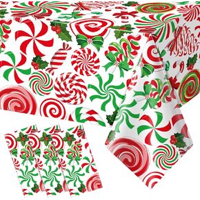 3Pcs Christmas Party Tablecloth Decorations,Red Green Plastic Christmas Ornament Candy Cane Table Cover Rectangle Peppermint Swirl Table Cloth for Christmas Holiday New Year Party Supplies,54x108 Inch