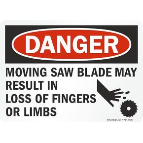 SmartSign 5 x 7 inch “Danger - Moving Saw Blade May Result in Loss of Fingers Or Limbs" OSHA Label with Graphic, 3 mil Laminated Adhesive Polyester, Red, Black and White