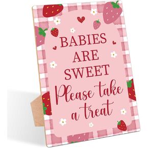 Strawberry Baby Shower Table Sign, Babies Are Sweet Please Take a Treat Sign, Pack of 1 Wooden Tabletop Sign with Stand, Berry Baby Shower Supplies, Gender Reveal Party Decorations - RG57