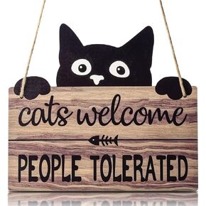 Funny Cat Welcome Sign, Cat Plaque with Cats Welcome People Tolerated, Black Cat Wall Decor for Cat Lovers, Indoor and Outdoor Use Wooden Hanging Sign, Pet Shop Wall Decoration, 8.75" x 8.75"