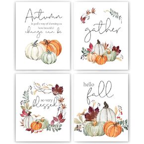 JWVK Navy Blue Fall Pumpkin Thanksgiving Wall Art Prints Set of 4, Fall Blue Wall Decor, Vintage Fall Floral Plaid Pumpkin Autumn Harvest Thanksgiving Posters Wall Decor for Home Office, 8x10 Unframed