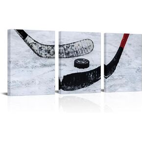 Biuteawal 3 Panels Black and White Canvas Art Ice Hockey Stick Photography Painting Sports Wall Art for Ice Rink Gym Man Boys Bedroom Decor Stretched and Framed Ready to Hang