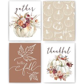 JWVK Navy Blue Fall Pumpkin Thanksgiving Wall Art Prints Set of 4, Fall Blue Wall Decor, Vintage Fall Floral Plaid Pumpkin Autumn Harvest Thanksgiving Posters Wall Decor for Home Office, 8x10 Unframed