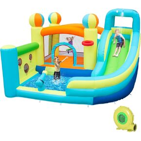 Inflatable Water Slide Park with Splash Pool for Kids,Climbing Wall,Bounce House with Ball Shooting,Kids Bouncy Castle with Air Blower for Outdoor Backyard