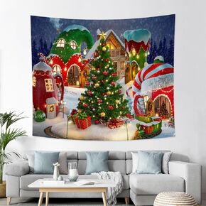 Cartoon Christmas Village Tapestry Winter Cabin Snow Xmas Pine Tree Candyland Wall Hanging Tapestries Fairy Tale Animated Kid Ice Party Living Room Bedroom Dorm Home Holiday Party Decor 59x51 Inches