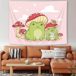 Uokiuki Kawaii Tapestry, Cute Frog Mushroom Snails Tapestry for Bedroom Aesthetic, Green Tapestry Wall Hanging for Teen Girls Bedroom Funny Living Cottagecore Room Dorm 60 X 51 Inch