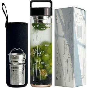 23 oz Borosilicate Glass Water Bottle with Handle Lid - Motivational Sports Drinking Bottle with Neoprene Sleeve (Black)