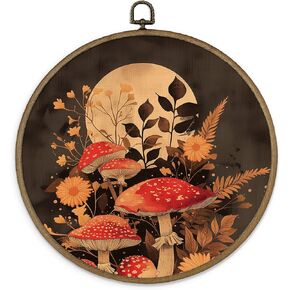 MAQIKA Vintage Fall Mushroom Framed Wall Art Decor, Mushroom Wall Decor, Dark Cottagecore Round Wall Hanging Decor, Fall Botanical Decor Canvas Prints Wall Art for Kitchen Bathroom Home, 10x10 Inch