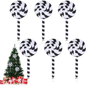 Huwena 6 Pcs 16'' Large Christmas Candy Ornaments Christmas Lollipop Ornament Double Sided Printing Peppermint Xmas Ornament Decorative Hanging Ornament Pendant for Xmas (Red, White,Wood)