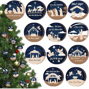 Soaoo 48 Pcs Nativity Scene Christmas Tree Ornaments Christian Ornaments Religious Xmas Tree Hanging Decorations Wooden Nativity Ornaments Bulk Round Birth of Jesus for Christmas Tree Advent Decor