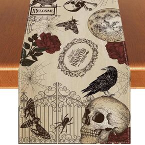 Retro Gothic Skull Day of The Dead Halloween Table Runner, Roses Holiday Kitchen Dining Table Decoration for Home Party Decor 13 x 72 Inch