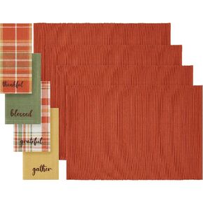 Elrene Home Fashions Harvest Sentiments Value Set, 4 Cloth Napkins and 4 Ribbed Placemats, Large, Multicolor, 8 Pieces