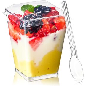 TOFLEN 50 Pack 5 oz Plastic Dessert Cups with Dome Lids for Party, Mini Dessert Cups with Spoons Dessert Shooter Cups for Yogurt Parfait, Appetizer, Pudding, Fruit and Ice Cream