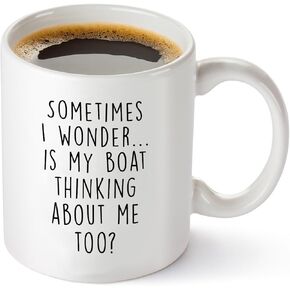Gelid Sometimes I Wonder Is My Boat Is Thinking About Me Too - Funny Boat Captain Gift Idea for Men, Him, Husband - Best Nautical Sailor Birthday Present for Dad - 11oz White Coffee Mug Tea Cup