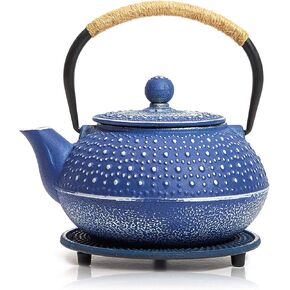 Juvale Cast Iron Teapot with Infuser - Japanese Tea Kettle, Loose Leaf Tetsubin with Handle and Trivet (Blue, 3 Pcs, holds 27 oz, 800 ml)