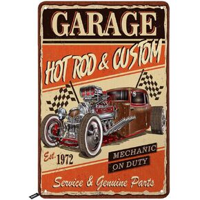 Swono Garage Poster Tin Signs,Hot Rod Car Custom Mechanic on Duty Vintage Metal Tin Sign for Men Women,Wall Decor for Bars,Restaurants,Cafes Pubs,12x8 Inch