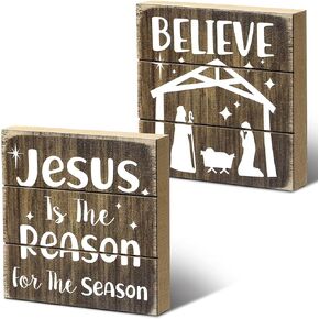 Rustic Christmas Sign Jesus is The Reason for The Season Decor Sign Xmas Believe Sign Nativity Scene Decorations Rustic Farmhouse Table Centerpiece for Home Wall Window Tiered Tray Holiday Decor