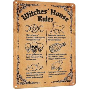 HYBLOM Witch's House Rules Metal Tin Sign - Vintage Wall Art Poster for Kitchen, Bathroom, Door Decor - Gothic Witchy Home & Halloween Decoration - Gift for Witchcraft Enthusiasts, 8x12 Inches