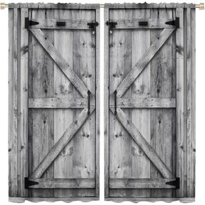 Rustic Curtain,Grey White Wooden Barn Door Farmhouse Wood Vintage Theme Print Window Drapes for Living Room Bedroom Kitchen Decoration Thermal Insulated Blackout Curtains 84x84in