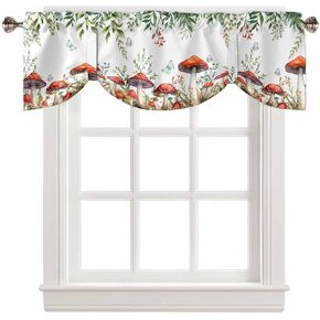 Mushroom Eucalyptus Tie Up Valance Curtain for Kitchen Living Room Bedroom Bathroom Cafe, Rod Pocket Small Short Window Drape Panel Adjustable Drapary Print, Green Leaves Wildflower Herb White 60"x18"