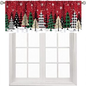 Christmas Tree Valance Red Kitchen Window Curtain，Winter Christmas Snowflakes New Year Holiday Kitchen Living Room Bedroom Cafe Short Curtain Rod Pocket Drapes 1 Piece,54x18 Inch