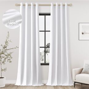 White Linen Blackout Curtains 90 Length 2 Panels Set for Living Room Bedroom, 100% Black Out Thermal Insulated Linen Drapes, Room Darkening Grommet Curtains 90 Inches Long