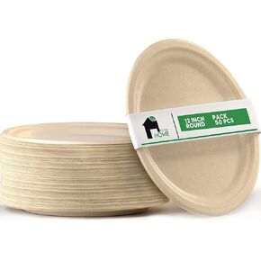 EconoHome 12 Inch Compostable Paper Plates [50-Pack] - Eco-Conscious Disposable Tray Made of Bagasse or Sugarcane Fiber - Microwave, Refrigerator-Safe - Heavy Duty Paper Plates for Dinner