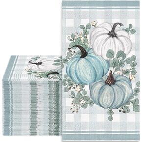 Whaline 100 Pack Fall Pumpkin Guest Napkins Blue White Thanksgiving Napkins Disposable Luncheon Dinner Napkins for Autumn Holiday Party Celebration Gathering Supplies Table Decor