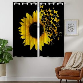 42W x 63L Funny Sunflower Blackout Curtains Grommet Thermal Insulated Room Top Darkening Curtains for Living Room Bedroom Inch Set of 2 Panels Butterfly Art Design