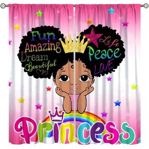 African American Kids Curtains,Afro Black Girl Window Treatments for Kids Girls Bedroom,Cute Girl Big Hair Pink Curtains 2 Panel Sets,42x45 Inch Decor