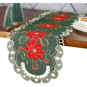 GRANDDECO Christmas Holiday Table Runner for Farmhouse Parties Embroidered Red Christmas Flower Dresser Scarves Xmas Home Kitchen Dinner Table Decoration 13X36 inches Green