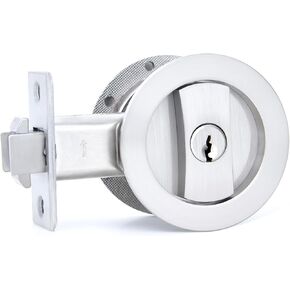 Dontay Pocket Door Lock with Key, Contemporary Entrance Sliding Barn Door Lock Latch, Recessed 2 Sided, 2 3/8" Backset, Flush Handles Hardware (Including Edge Pull, Matte Black, Round - 1 Pack)