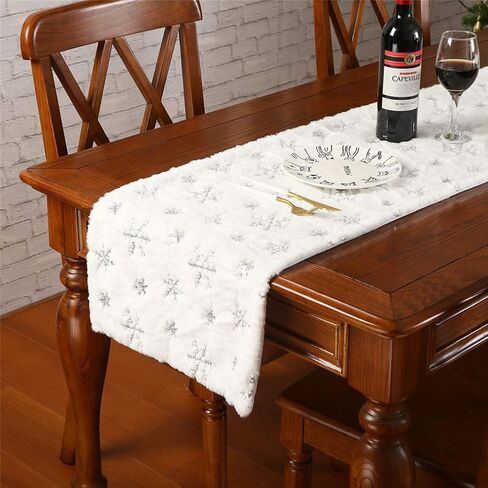 Faux Fur Christmas Table Runner with Silver Sequin Snowflakes, White Super Soft Thick Luxury Table Decoration for Holiday Xmas,15x70 Inch in Kuwait