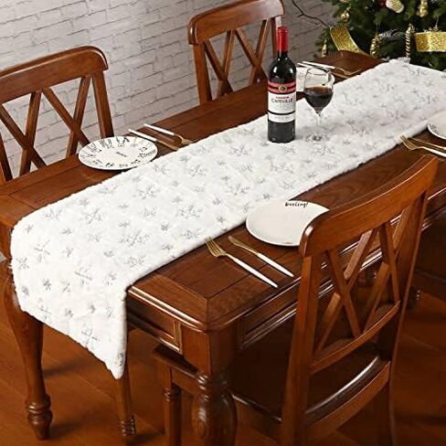 Faux Fur Christmas Table Runner with Silver Sequin Snowflakes, White Super Soft Thick Luxury Table Decoration for Holiday Xmas,15x70 Inch in Kuwait