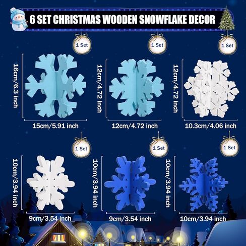 AWIZOM 6 Set Christmas Wooden Snowflake Decor 3D Winter Snowflake Table Signs White Christmas Snowflake Table Centerpiece Rustic Christmas Tiered Tray Decor for Xmas Holiday Home Tabletop Shelf Decor in Kuwait