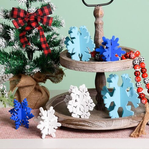 AWIZOM 6 Set Christmas Wooden Snowflake Decor 3D Winter Snowflake Table Signs White Christmas Snowflake Table Centerpiece Rustic Christmas Tiered Tray Decor for Xmas Holiday Home Tabletop Shelf Decor in Kuwait