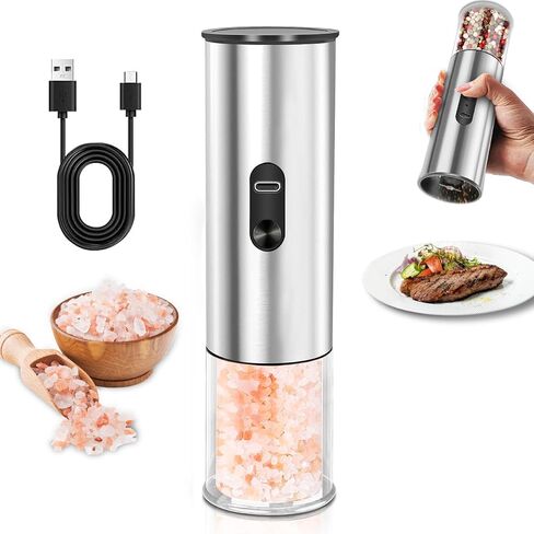 Electric Salt and Pepper Grinder, Rechargeable Salt Pepper Shakers, Automatic Salt Mill with Adjustable Coarseness, One-Hand Operation with LED Light, Perfect for Kitchen and BBQ in Saudi Arabia