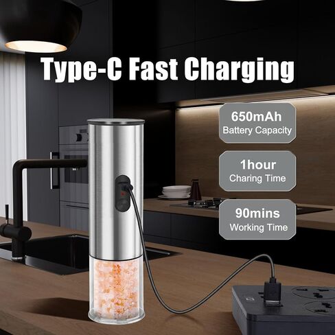 Electric Salt and Pepper Grinder, Rechargeable Salt Pepper Shakers, Automatic Salt Mill with Adjustable Coarseness, One-Hand Operation with LED Light, Perfect for Kitchen and BBQ in Saudi Arabia