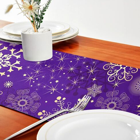 ALAZA Double-Sided Winter Violet Purple with Gold Snowflakes Christmas Table Runner 14x108 Inches Long,Table Cloth Runner for Wedding Birthday Party Kitchen Dining Home Everyday Decor in Saudi Arabia