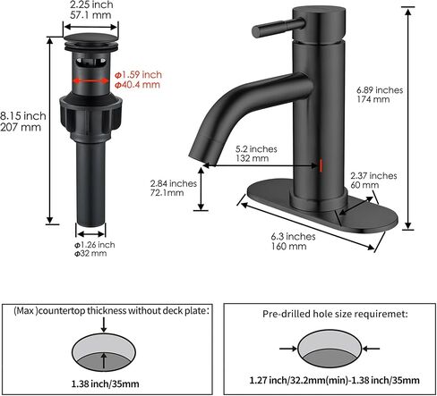 Single Hole Bathroom Sink Faucet Matte Black, Modern Single Handle Bathroom Faucet Commercial Stainless Steel Basin Faucet with Drain in Kuwait