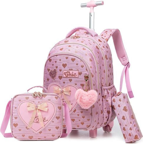 Rolling Backpack for Girls Backpack with Wheels Cute Pink Kids Suitcase for Girls with Lunch Box Set Kids Carry on Luggage with Wheels Kids Rolling Suitcase Back to School Supplies in Saudi Arabia
