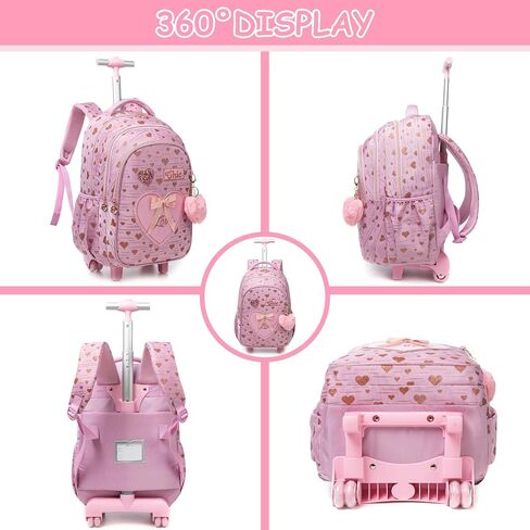 Rolling Backpack for Girls Backpack with Wheels Cute Pink Kids Suitcase for Girls with Lunch Box Set Kids Carry on Luggage with Wheels Kids Rolling Suitcase Back to School Supplies in Saudi Arabia