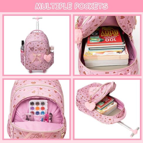Rolling Backpack for Girls Backpack with Wheels Cute Pink Kids Suitcase for Girls with Lunch Box Set Kids Carry on Luggage with Wheels Kids Rolling Suitcase Back to School Supplies in Saudi Arabia