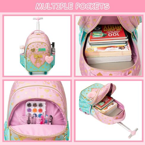 Rolling Backpack for Girls Backpack with Wheels Cute Pink Kids Suitcase for Girls with Lunch Box Set Kids Carry on Luggage with Wheels Kids Rolling Suitcase Back to School Supplies in Saudi Arabia