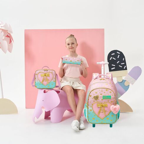 Rolling Backpack for Girls Backpack with Wheels Cute Pink Kids Suitcase for Girls with Lunch Box Set Kids Carry on Luggage with Wheels Kids Rolling Suitcase Back to School Supplies in Saudi Arabia
