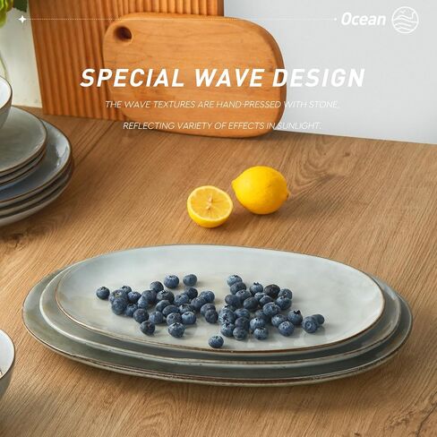 famiware Serving Platter, Oval 15.59/14.3/12.9 inch Serving Dishes for Entertaining, Serving Bowls, Microwave Safe, Stonware Serving Trays for Party, Turkey, Cheese, Ocean Series, Vanilla White in Saudi Arabia