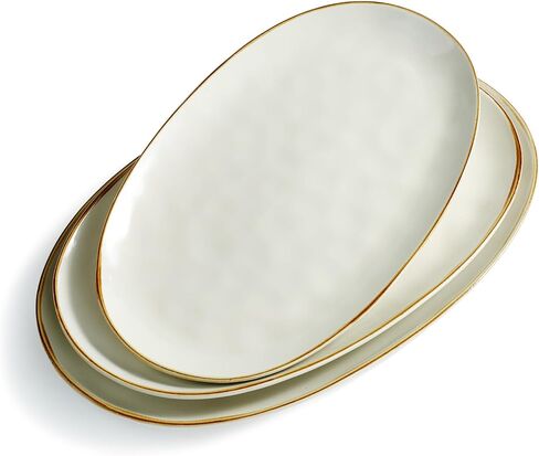 famiware Serving Platter, Oval 15.59/14.3/12.9 inch Serving Dishes for Entertaining, Serving Bowls, Microwave Safe, Stonware Serving Trays for Party, Turkey, Cheese, Ocean Series, Vanilla White in Saudi Arabia