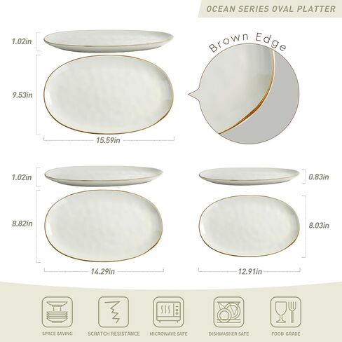 famiware Serving Platter, Oval 15.59/14.3/12.9 inch Serving Dishes for Entertaining, Serving Bowls, Microwave Safe, Stonware Serving Trays for Party, Turkey, Cheese, Ocean Series, Vanilla White in Saudi Arabia